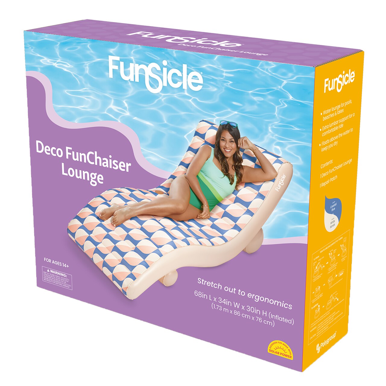 Funsicle: Deco FunChaiser Lounge - Blue & Cream, Inflatable Pool & Water Float, 68x34x30", Contoured Design, Drink Holder, 220 lb Capacity